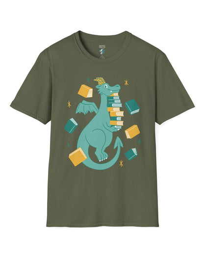 The Book Hoarder shirt in military green featuring a cheerful teal dragon juggling a towering stack of books.