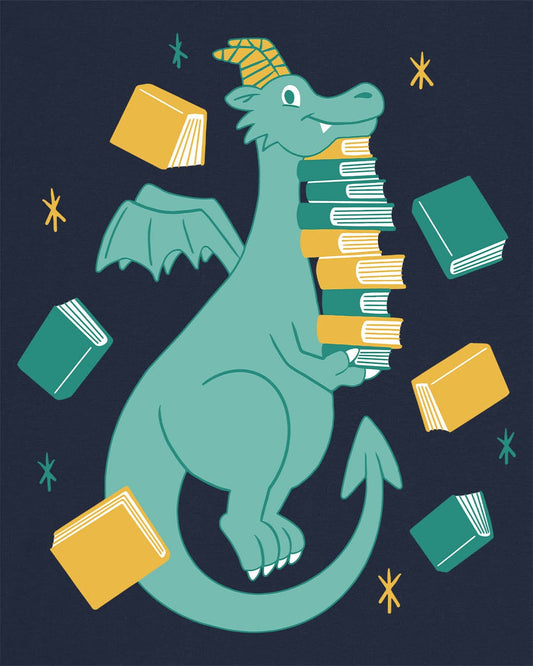 The Book Hoarder shirt in navy featuring a cheerful teal dragon juggling a towering stack of books.