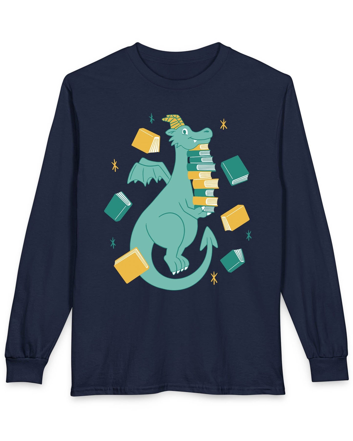 The Book Hoarder shirt in navy featuring a cheerful teal dragon juggling a towering stack of books