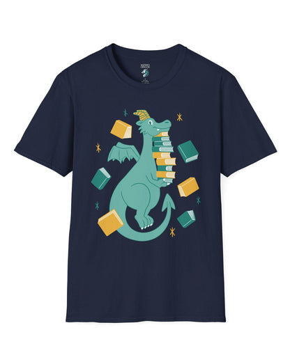 The Book Hoarder shirt in navy featuring a cheerful teal dragon juggling a towering stack of books.