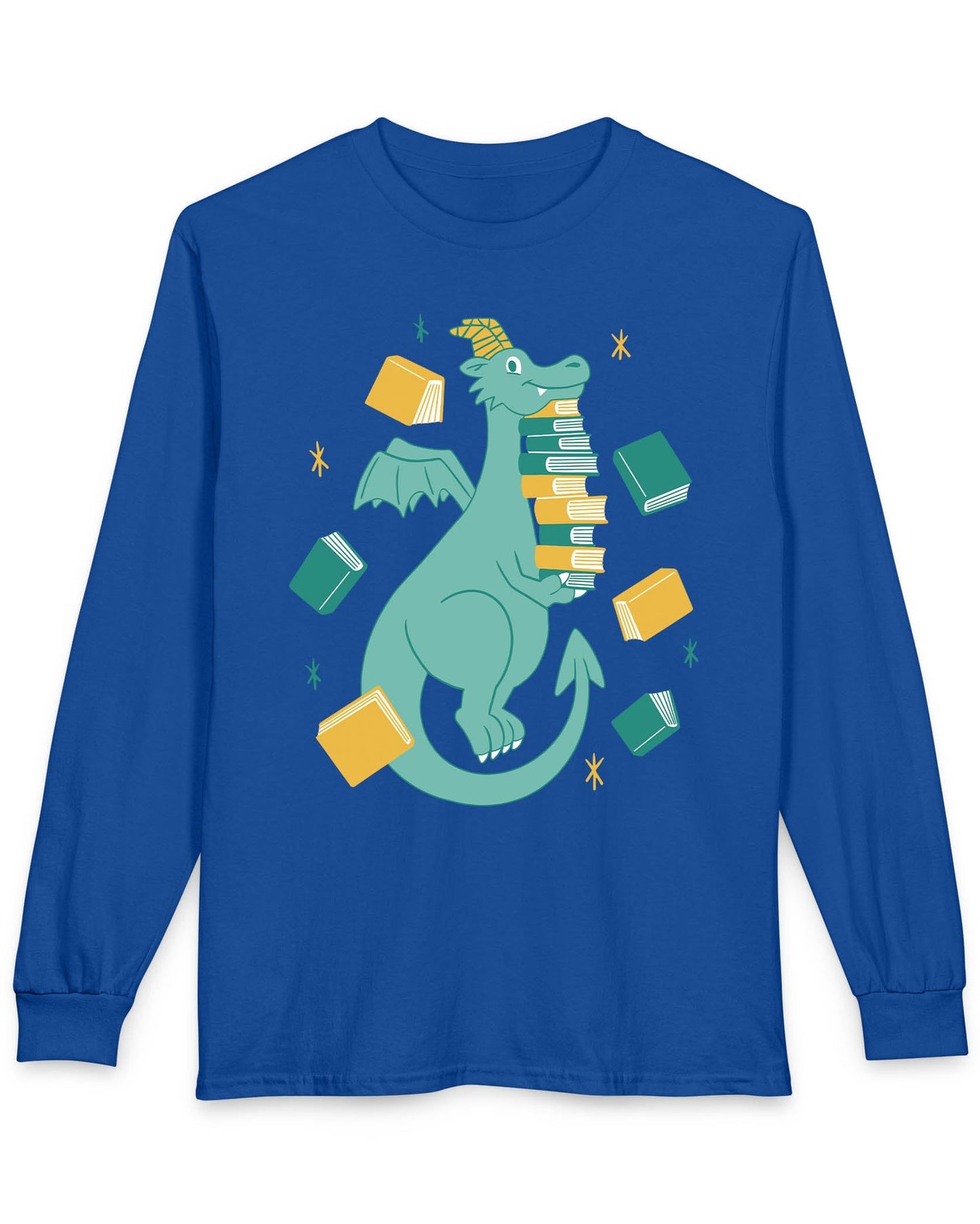 The Book Hoarder shirt in royal blue featuring a cheerful teal dragon juggling a towering stack of books