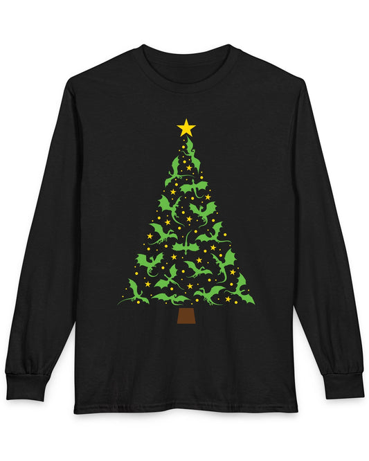 Dragonflight Christmas Tree shirt in black featuring a festive tree made of green dragons with yellow stars.