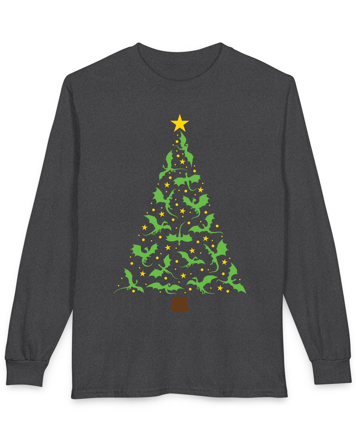 Dragonflight Christmas Tree shirt in dark heather grey featuring a festive tree made of green dragons with yellow stars.