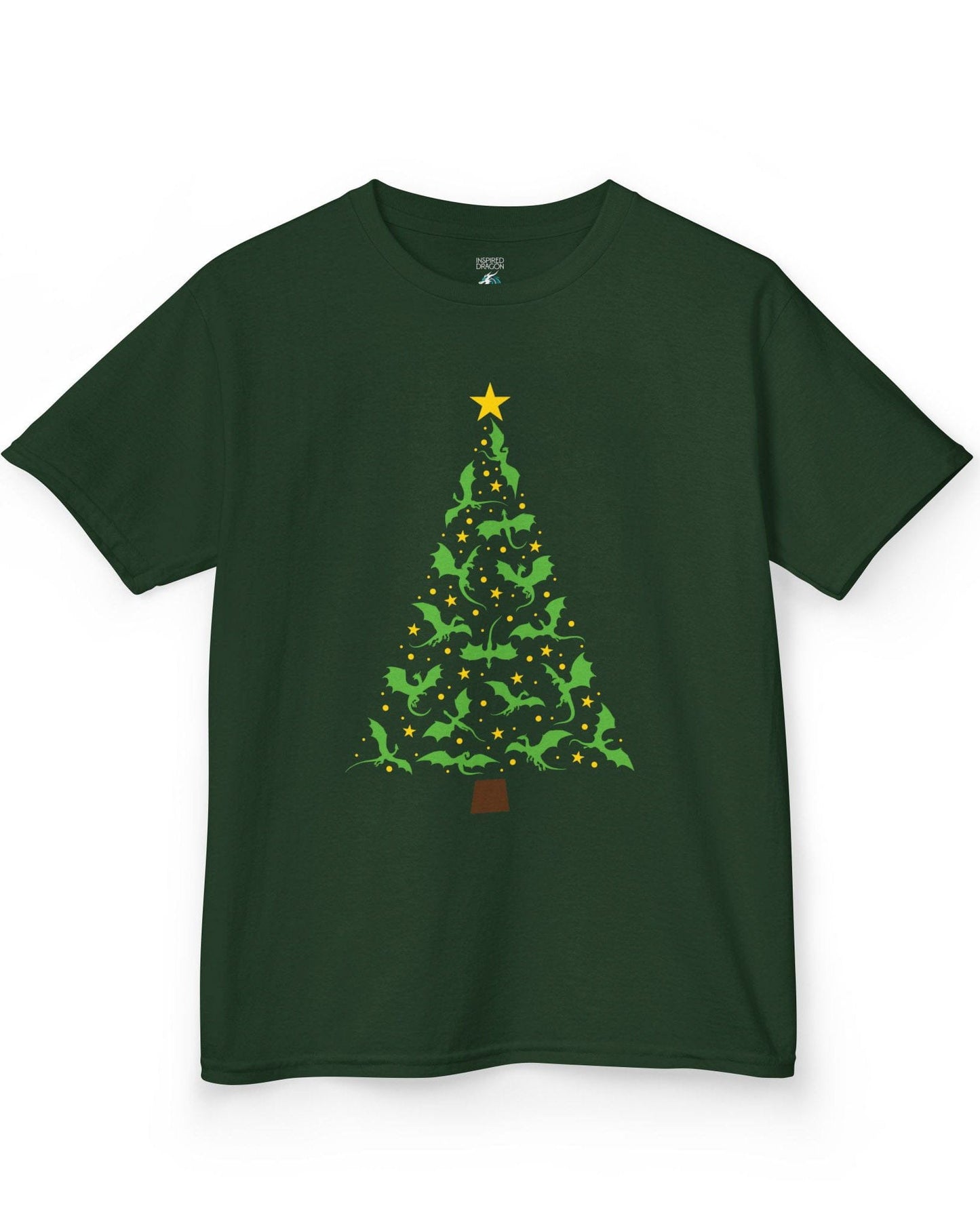 Dragonflight Christmas Tree shirt in forest green featuring a festive tree made of green dragons with yellow stars.