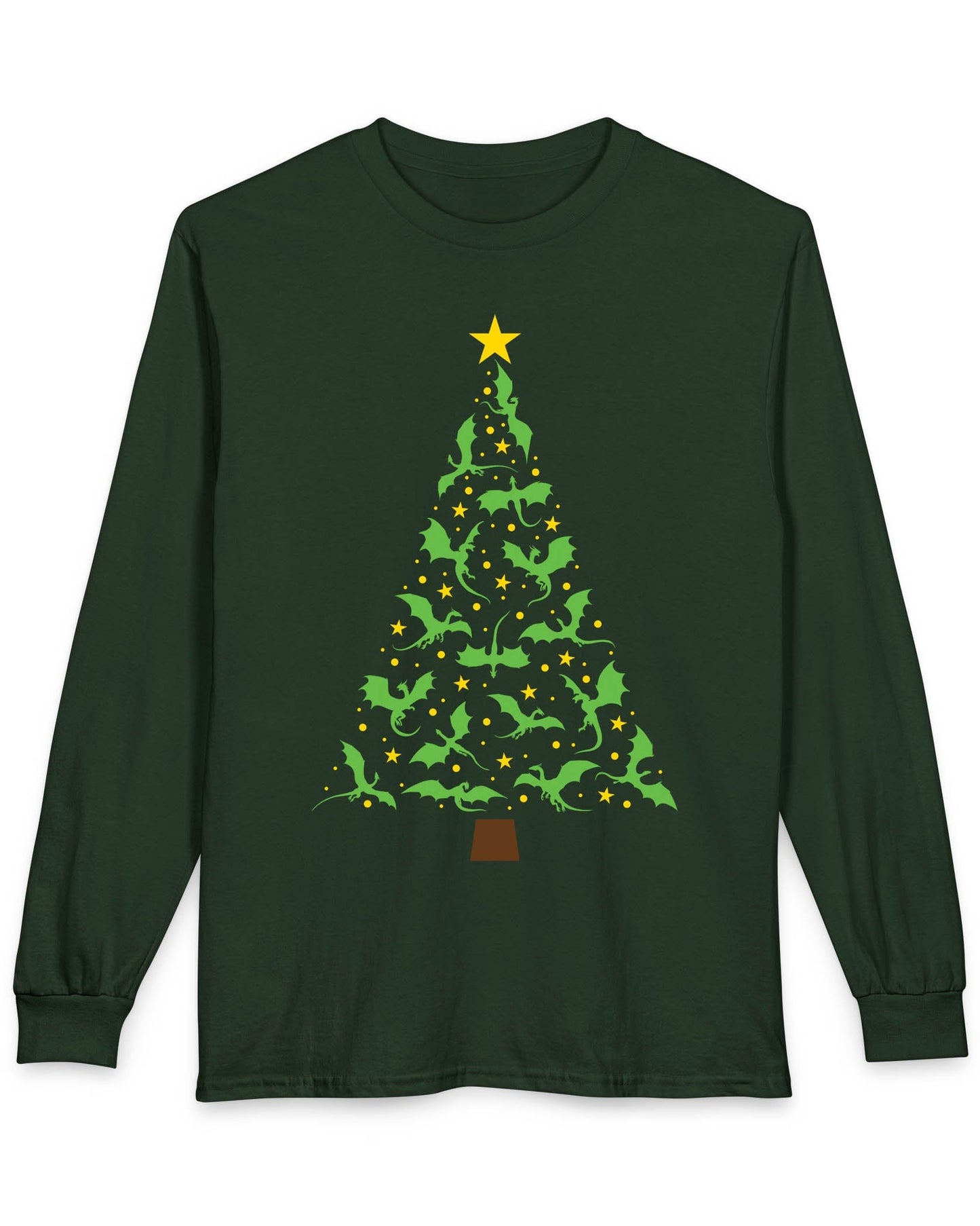 Dragonflight Christmas Tree shirt in forest green featuring a festive tree made of green dragons with yellow stars.