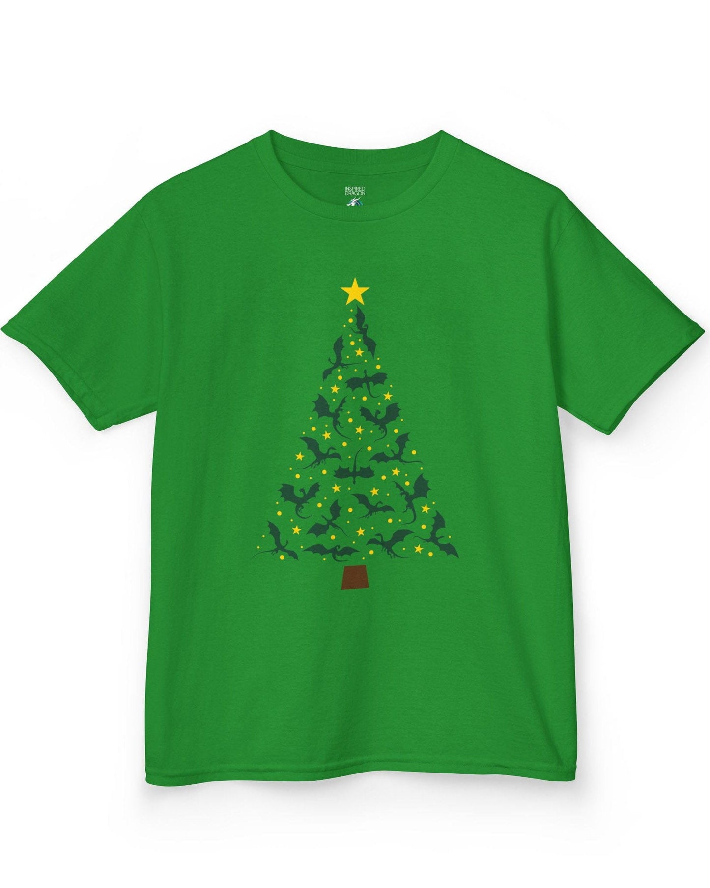 Dragonflight Christmas Tree shirt in Irish green featuring a festive tree made of green dragons with yellow stars.