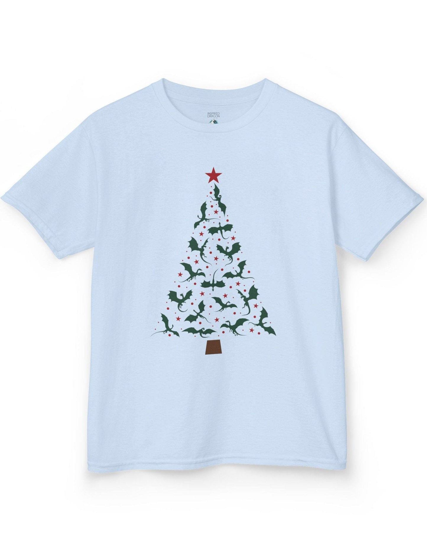 Dragonflight Christmas Tree shirt in light blue featuring a festive tree made of green dragons with red stars.