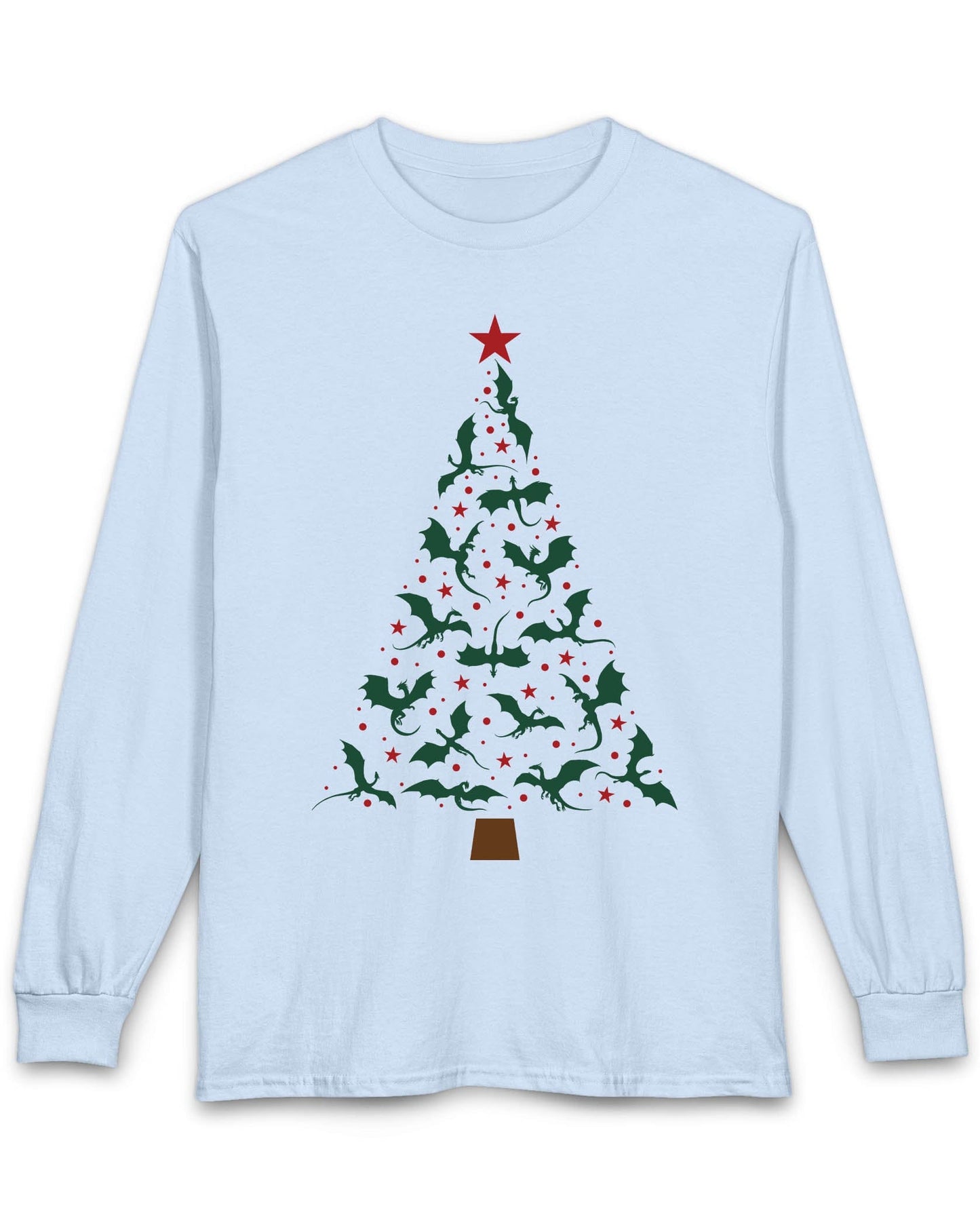 Dragonflight Christmas Tree shirt in light blue featuring a festive tree made of green dragons with red stars.