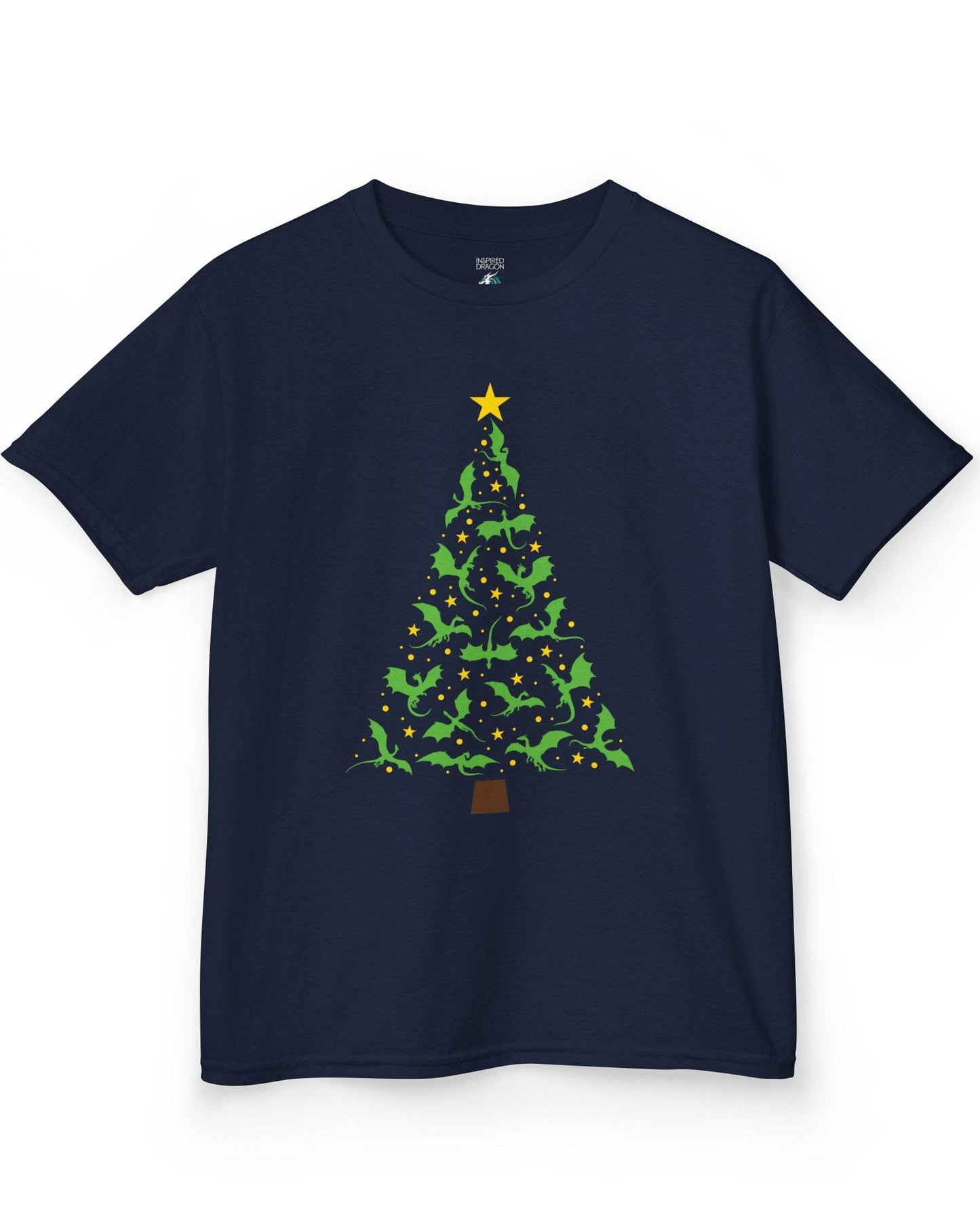 Dragonflight Christmas Tree shirt in navy featuring a festive tree made of green dragons with yellow stars.