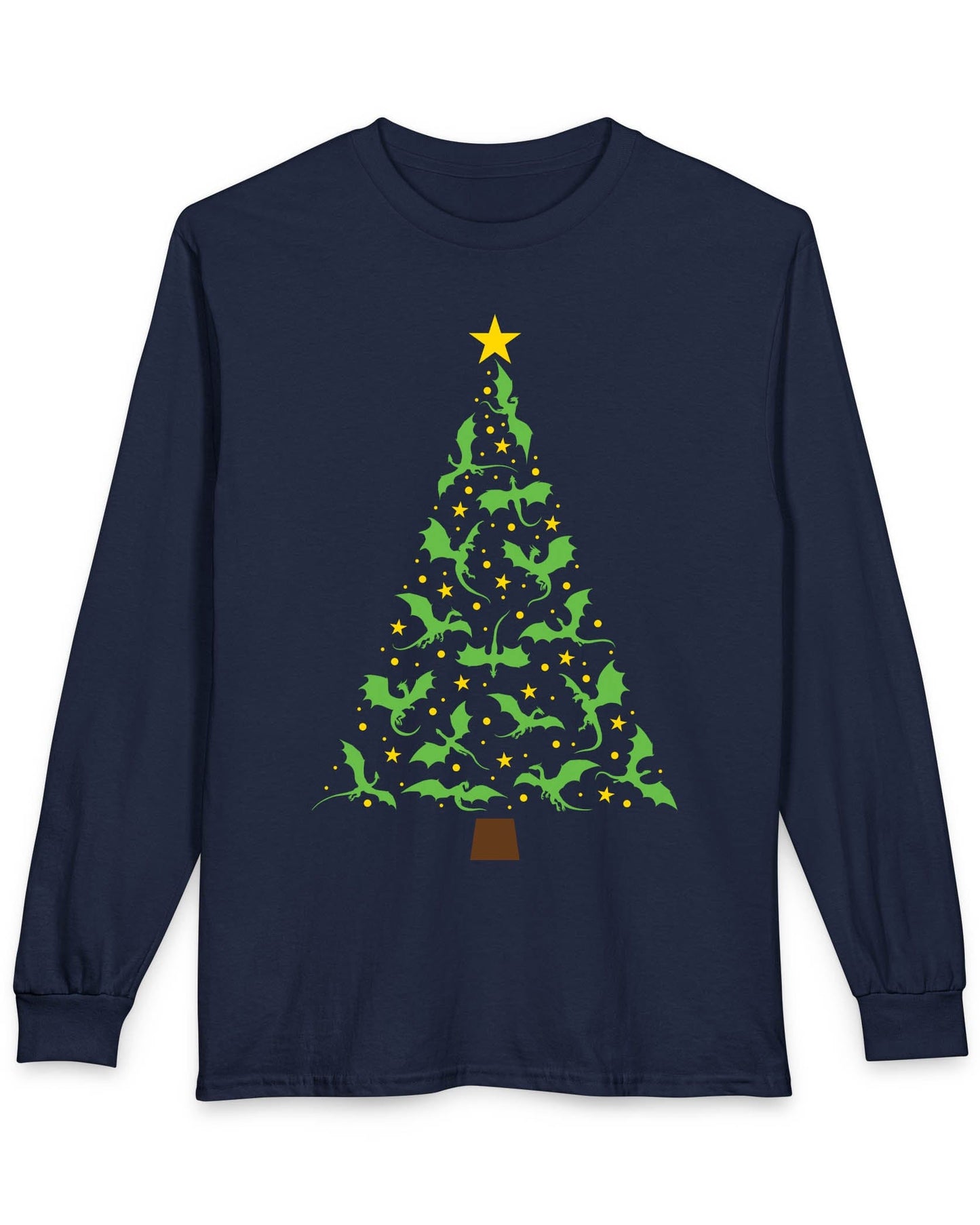 Dragonflight Christmas Tree shirt in navy featuring a festive tree made of green dragons with yellow stars.