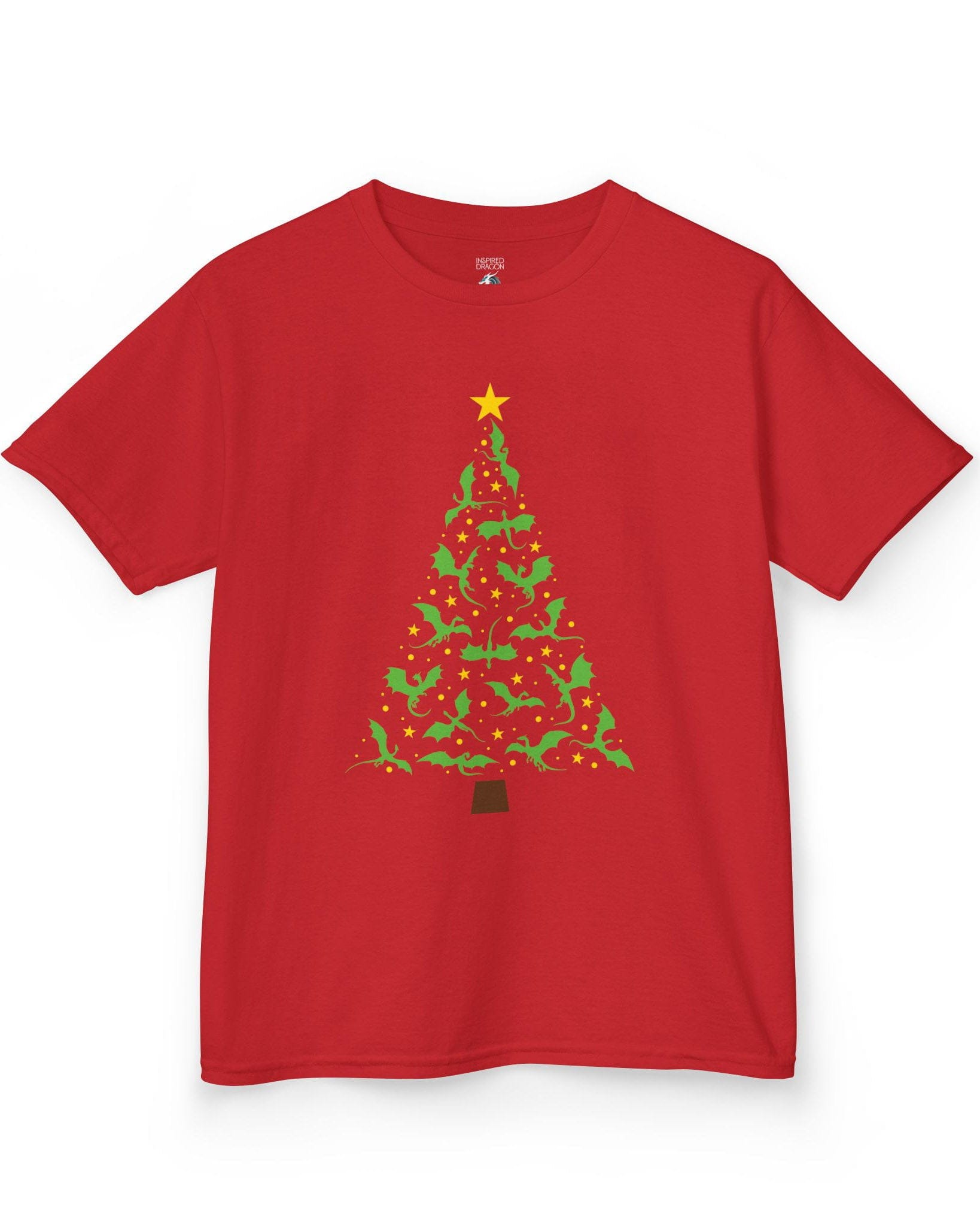 Dragonflight Christmas Tree shirt in red featuring a festive tree made of green dragons with yellow stars.