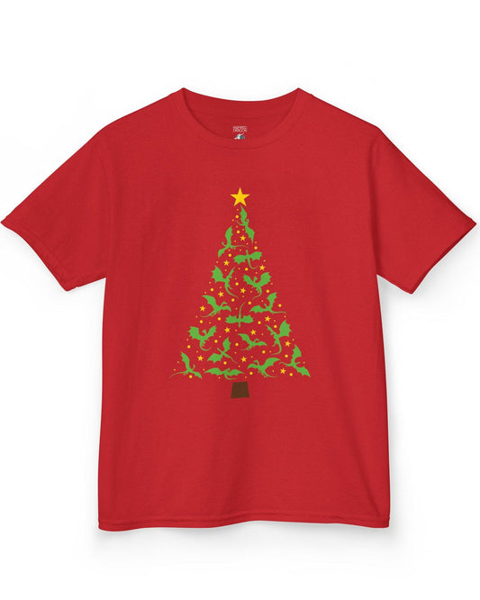 Dragonflight Christmas Tree shirt in red featuring a festive tree made of green dragons with yellow stars.