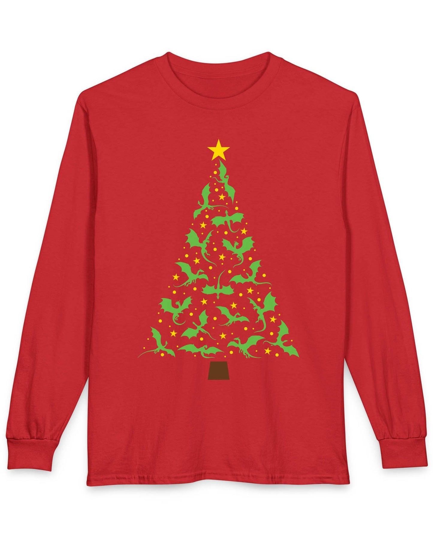 Dragonflight Christmas Tree shirt in red featuring a festive tree made of green dragons with yellow stars.