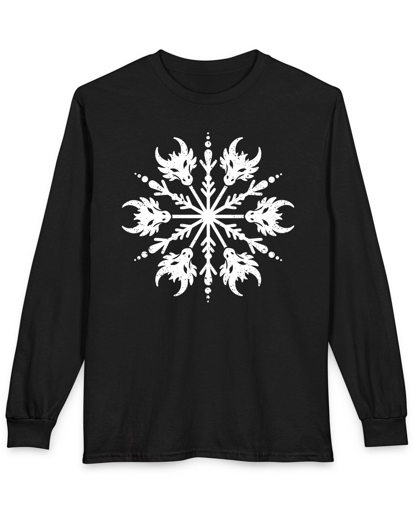 Draconic Snowflake shirt in black featuring a distressed white snowflake made of stylized dragon heads.