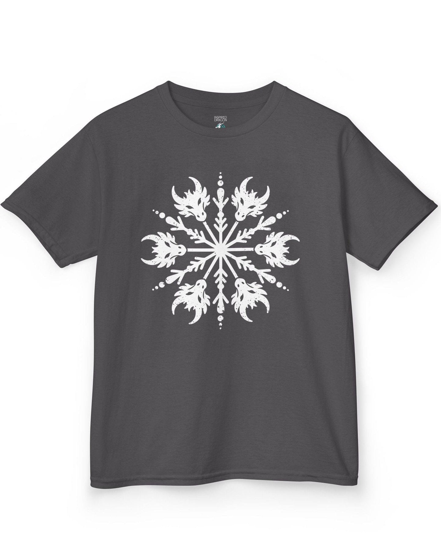 Draconic Snowflake shirt in charcoal featuring a distressed white snowflake made of stylized dragon heads.