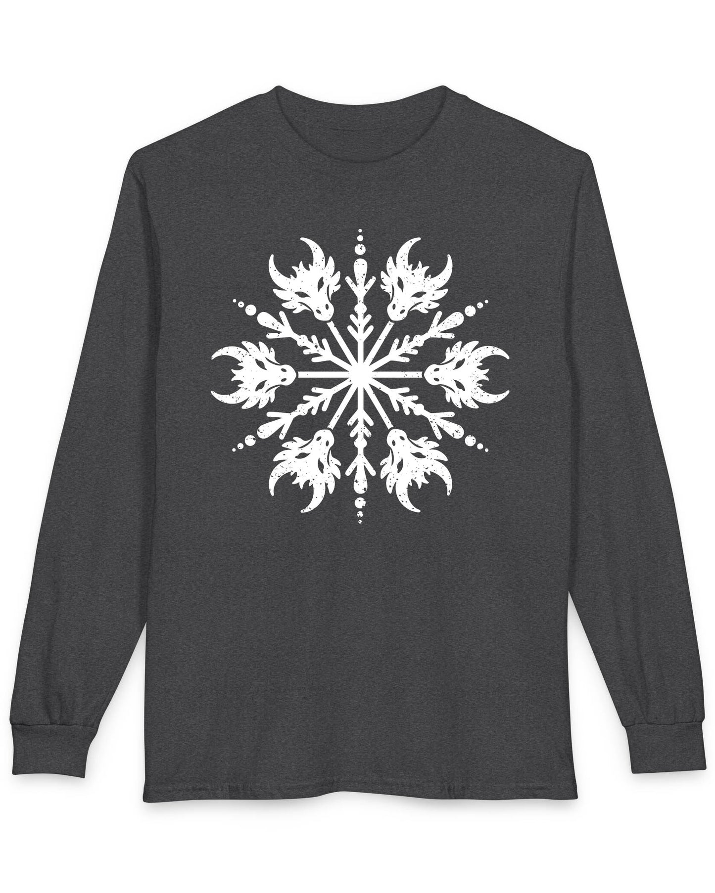 Draconic Snowflake shirt in dark heather grey featuring a distressed white snowflake made of stylized dragon heads.