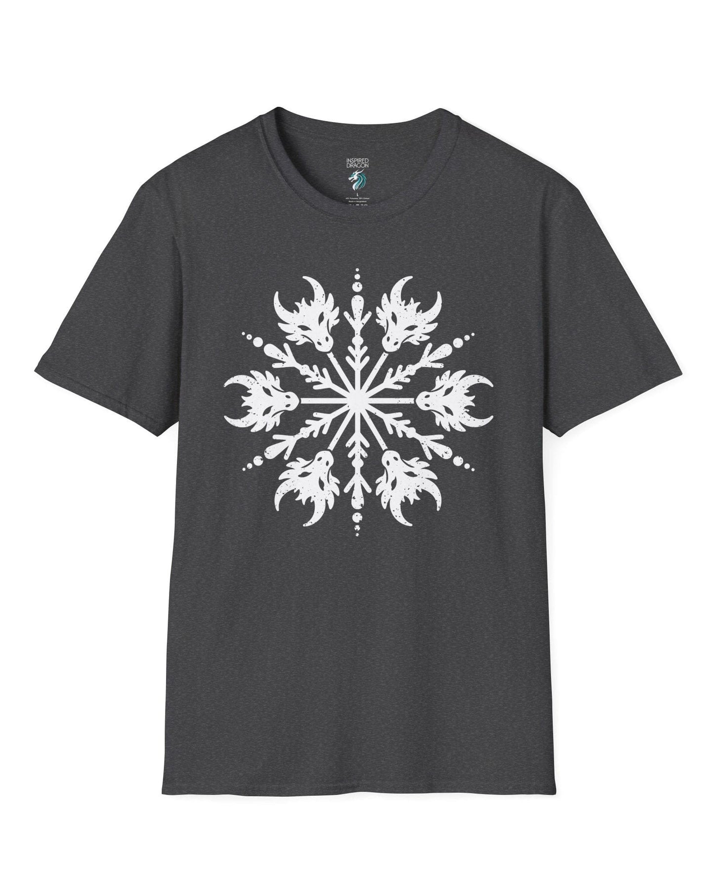 Draconic Snowflake shirt in dark heather grey featuring a distressed white snowflake made of stylized dragon heads.