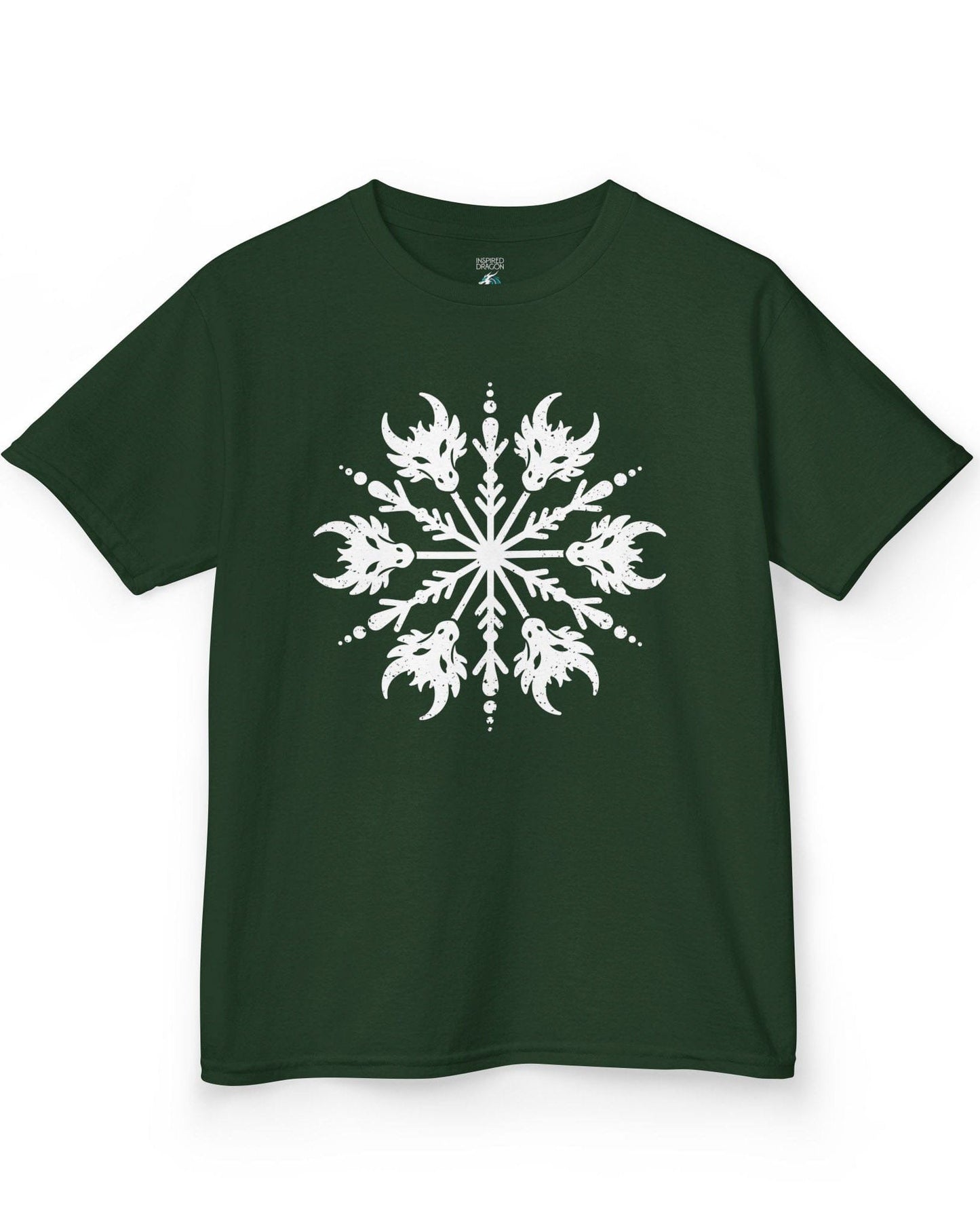 Draconic Snowflake shirt in forest green featuring a distressed white snowflake made of stylized dragon heads.