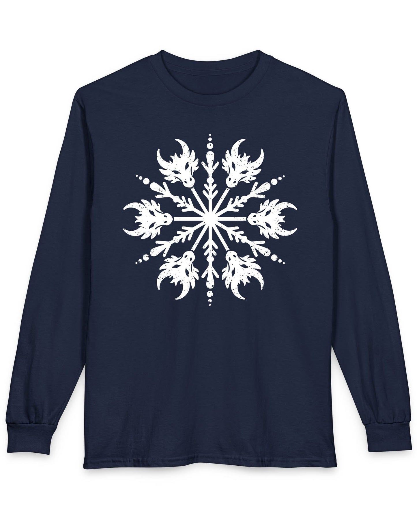 Draconic Snowflake shirt in navy featuring a distressed white snowflake made of stylized dragon heads.
