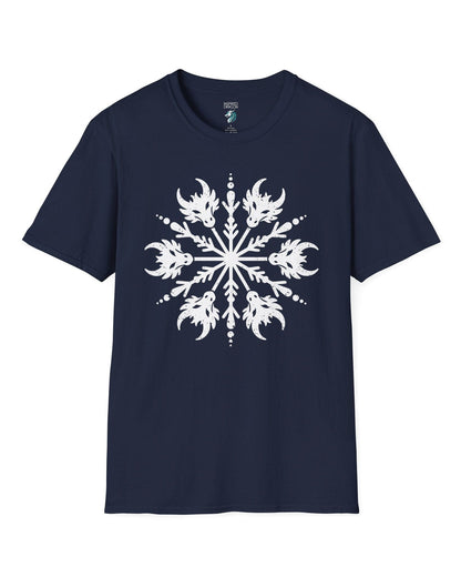 Draconic Snowflake shirt in navy featuring a distressed white snowflake made of stylized dragon heads.