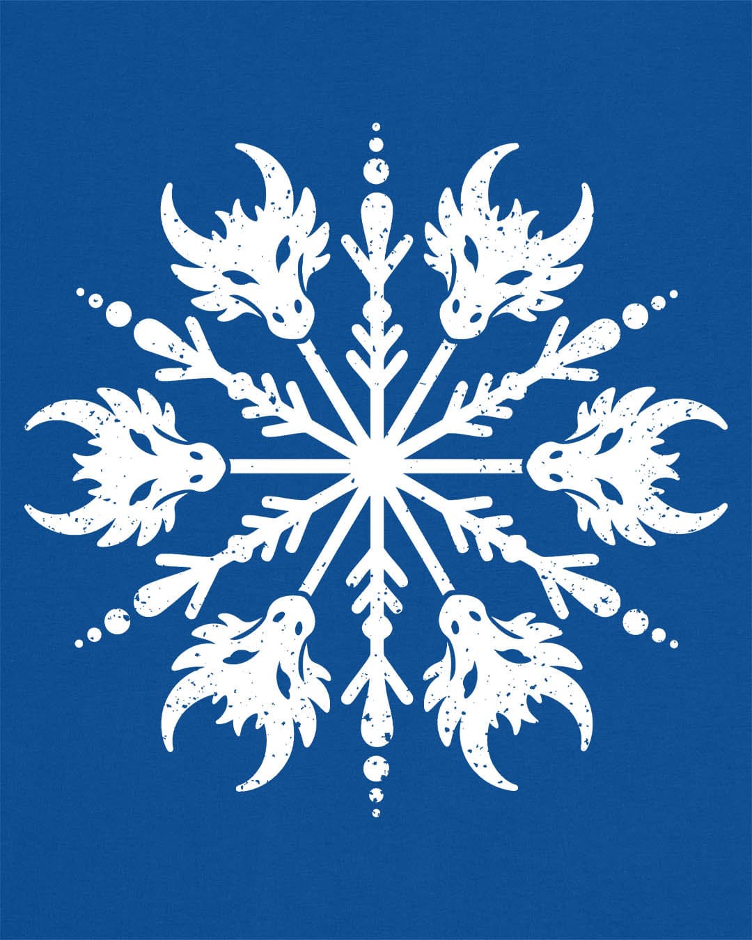 Draconic Snowflake shirt in royal blue featuring a distressed white snowflake made of stylized dragon heads.