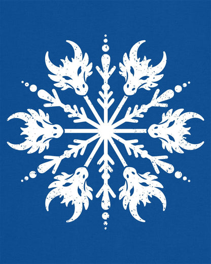 Draconic Snowflake shirt in royal blue featuring a distressed white snowflake made of stylized dragon heads.