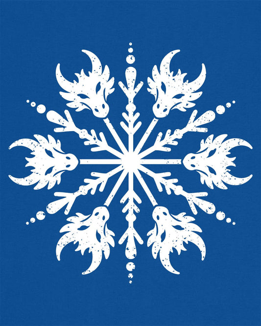 Draconic Snowflake shirt in royal blue featuring a distressed white snowflake made of stylized dragon heads.