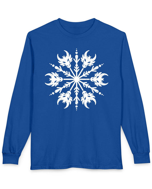 Draconic Snowflake shirt in royal blue featuring a distressed white snowflake made of stylized dragon heads.