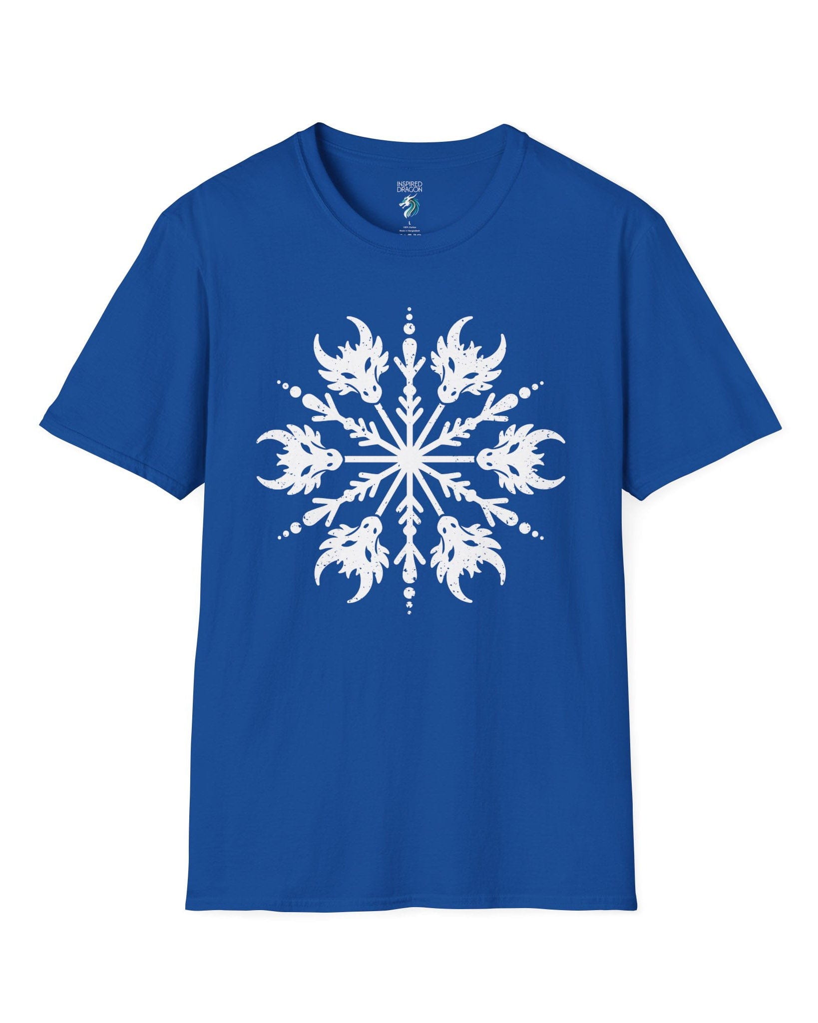 Draconic Snowflake shirt in royal blue featuring a distressed white snowflake made of stylized dragon heads.