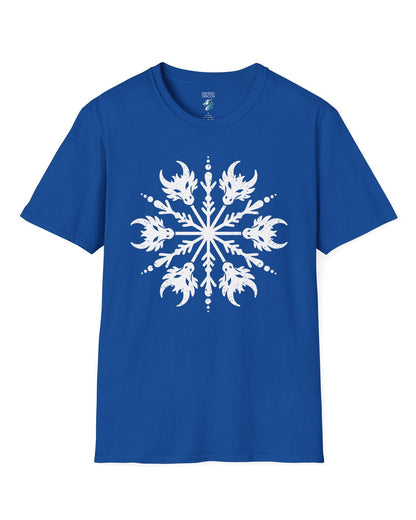 Draconic Snowflake shirt in royal blue featuring a distressed white snowflake made of stylized dragon heads.