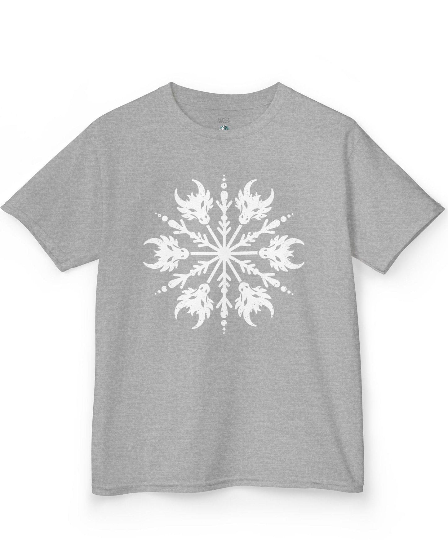 Draconic Snowflake shirt in sport grey featuring a distressed white snowflake made of stylized dragon heads.