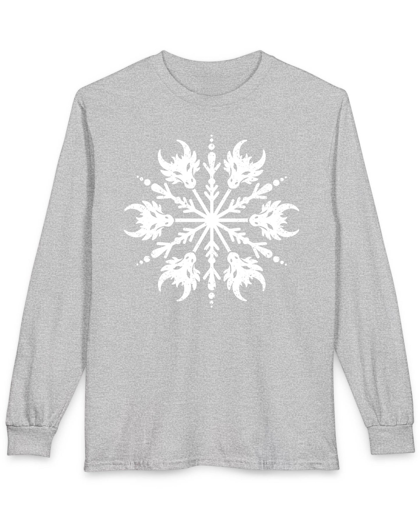 Draconic Snowflake shirt in sport grey featuring a distressed white snowflake made of stylized dragon heads.