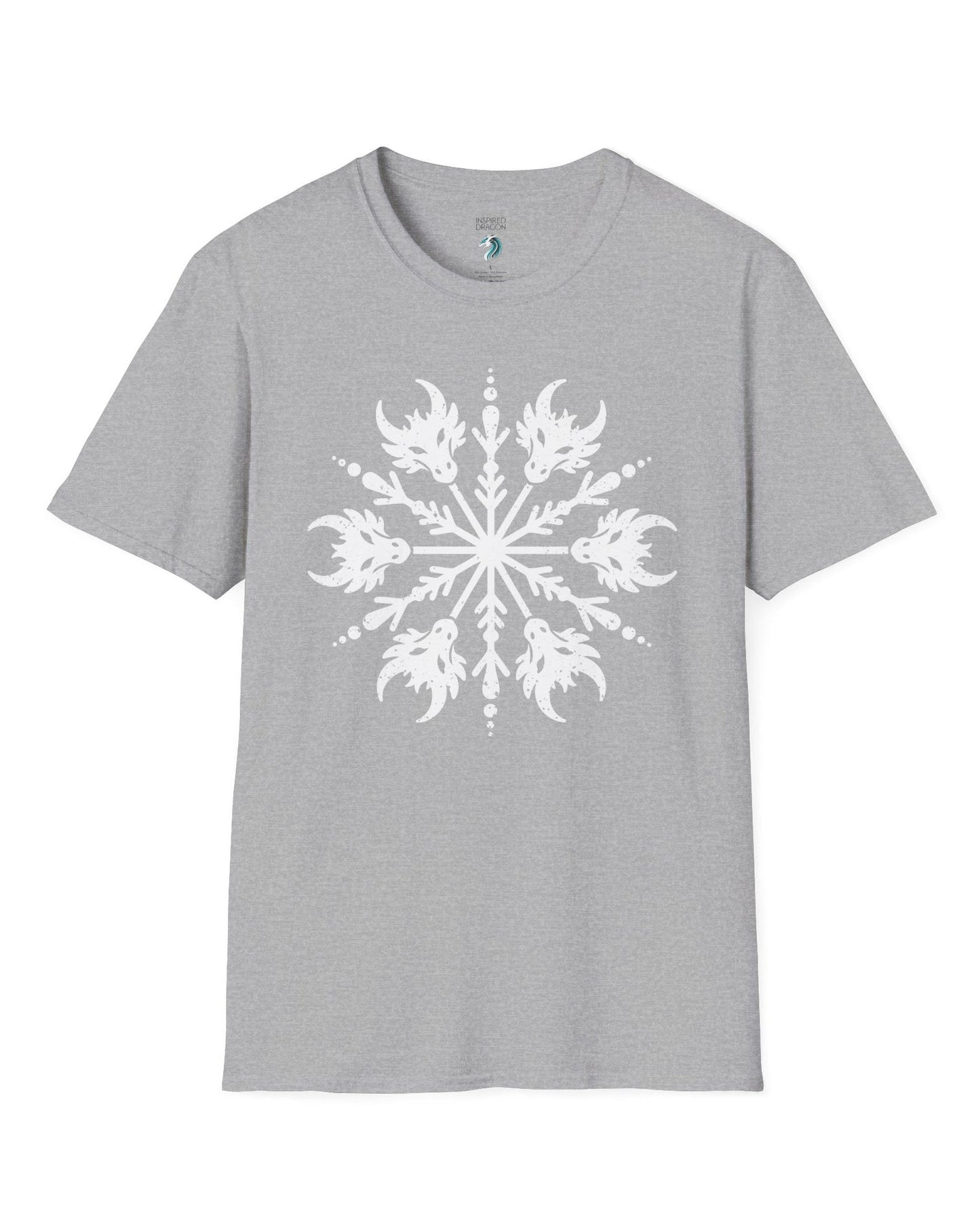 Draconic Snowflake shirt in sport grey featuring a distressed white snowflake made of stylized dragon heads.