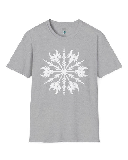 Draconic Snowflake shirt in sport grey featuring a distressed white snowflake made of stylized dragon heads.