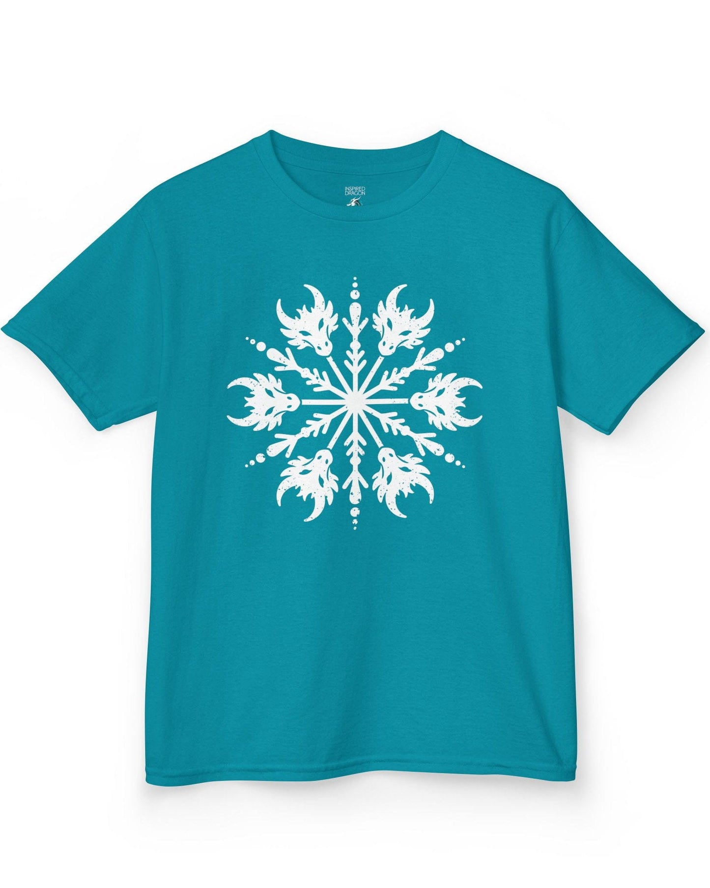 Draconic Snowflake shirt in tropical blue featuring a distressed white snowflake made of stylized dragon heads.