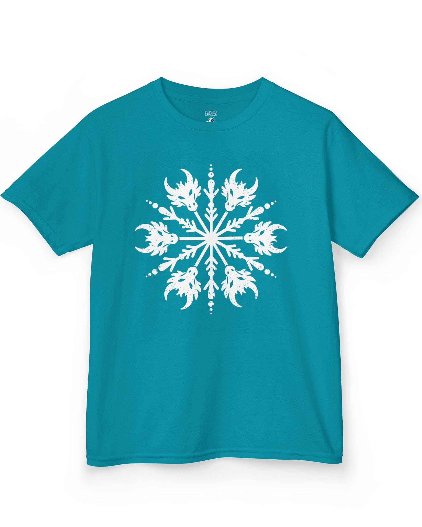 Draconic Snowflake shirt in tropical blue featuring a distressed white snowflake made of stylized dragon heads.