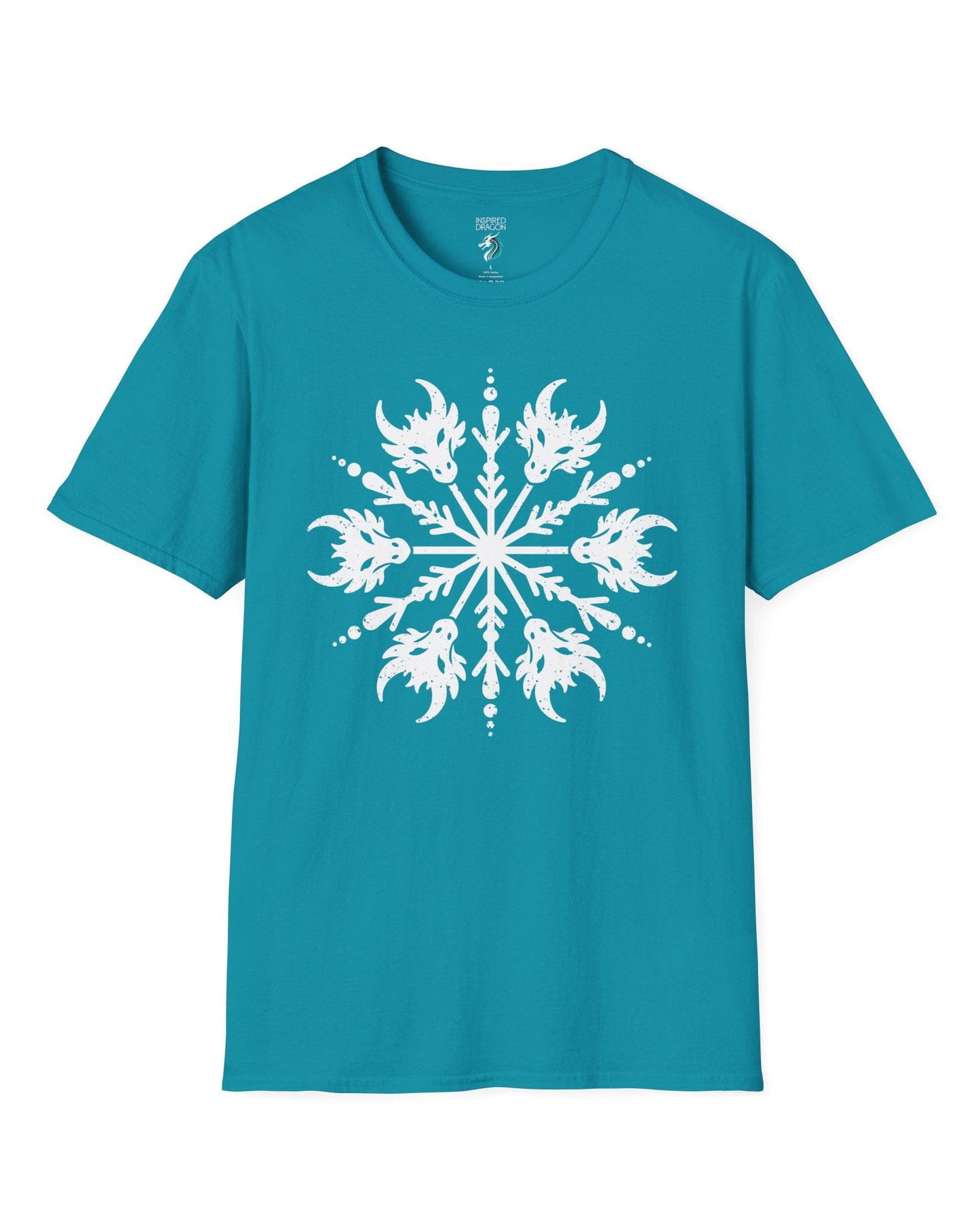 Draconic Snowflake shirt in tropical blue featuring a distressed white snowflake made of stylized dragon heads.