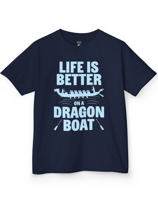 Life Is Better on a Dragon Boat shirt in navy featuring a dragon boat silhouette with paddlers in motion.
