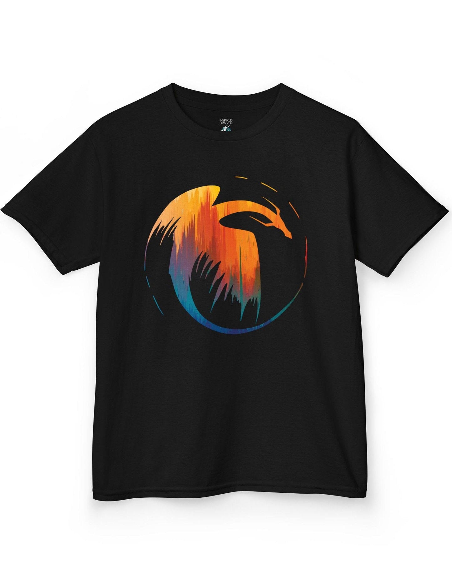 Dawn's Arc shirt in black featuring a vibrant abstract dragon silhouette in warm sunset tones.
