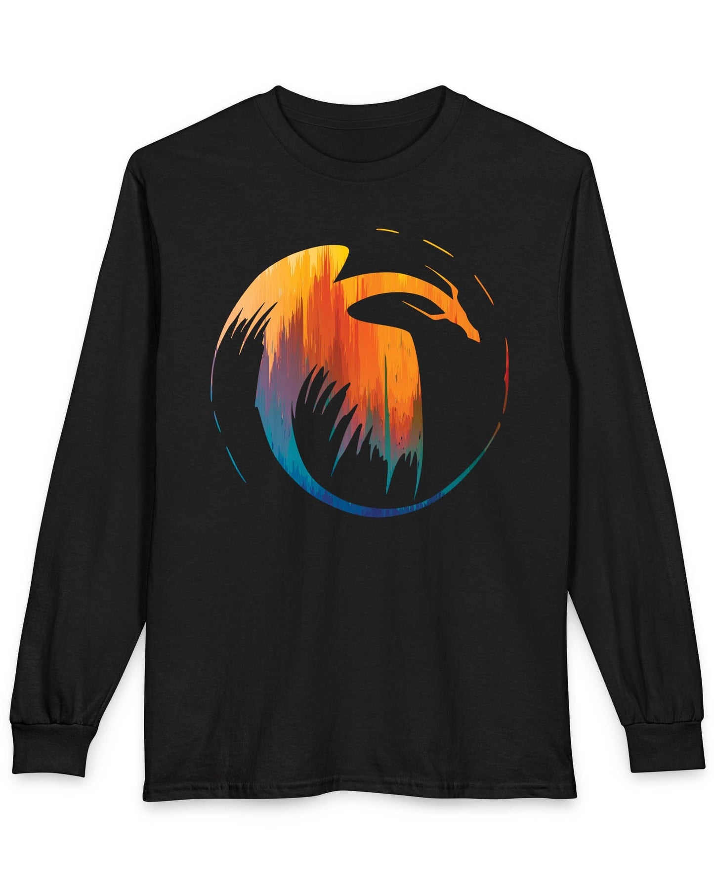 Dawn's Arc shirt in black featuring a vibrant abstract dragon silhouette in warm sunset tones.