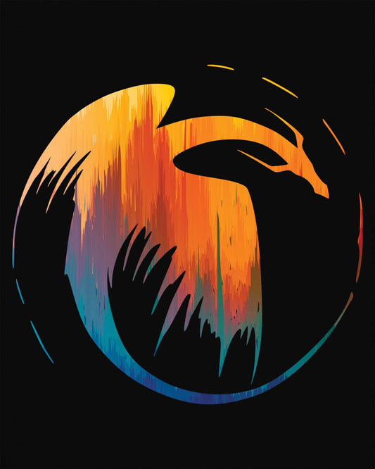 Dawn's Arc shirt in black featuring a vibrant abstract dragon silhouette in warm sunset tones.