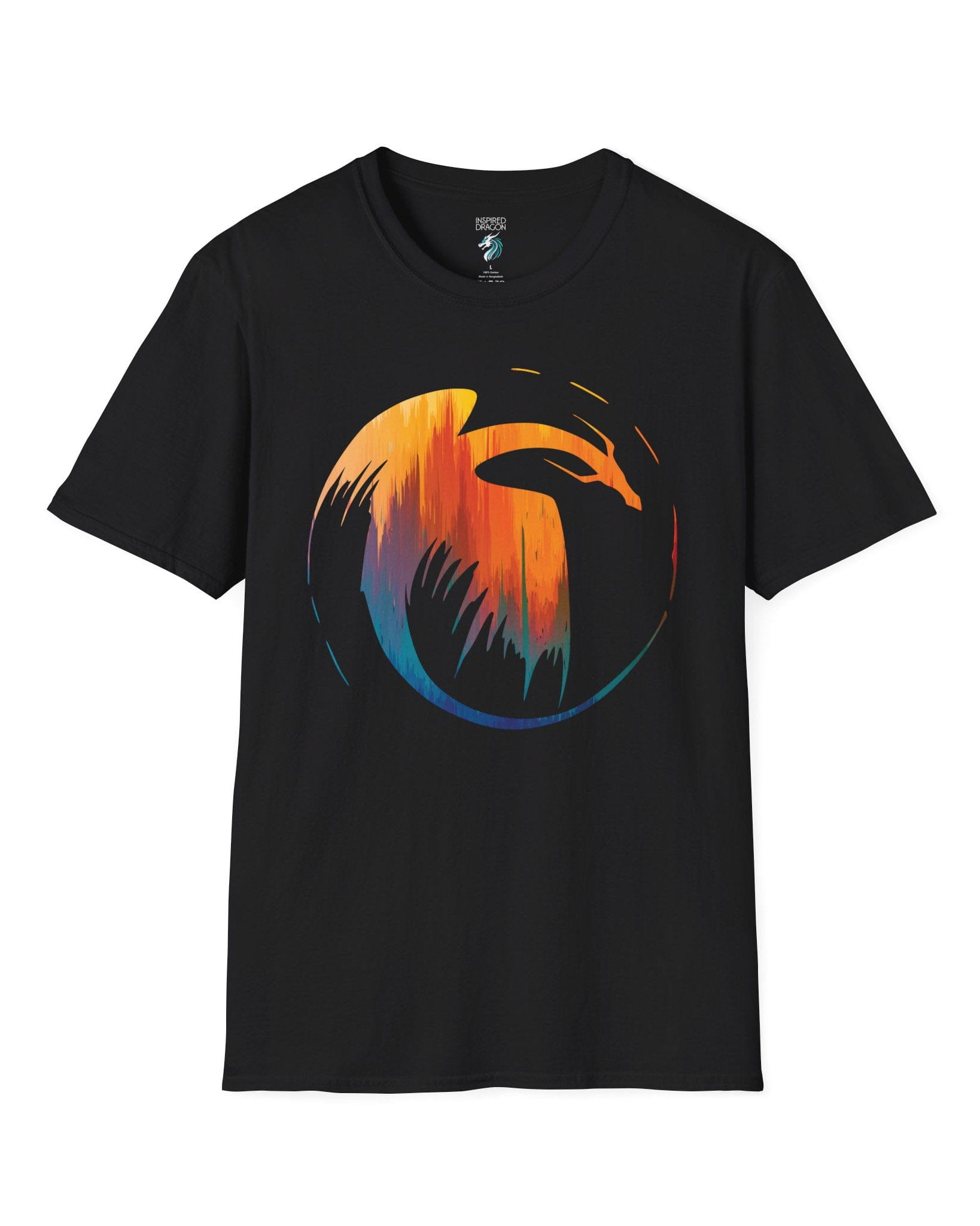 Dawn's Arc shirt in black featuring a vibrant abstract dragon silhouette in warm sunset tones.