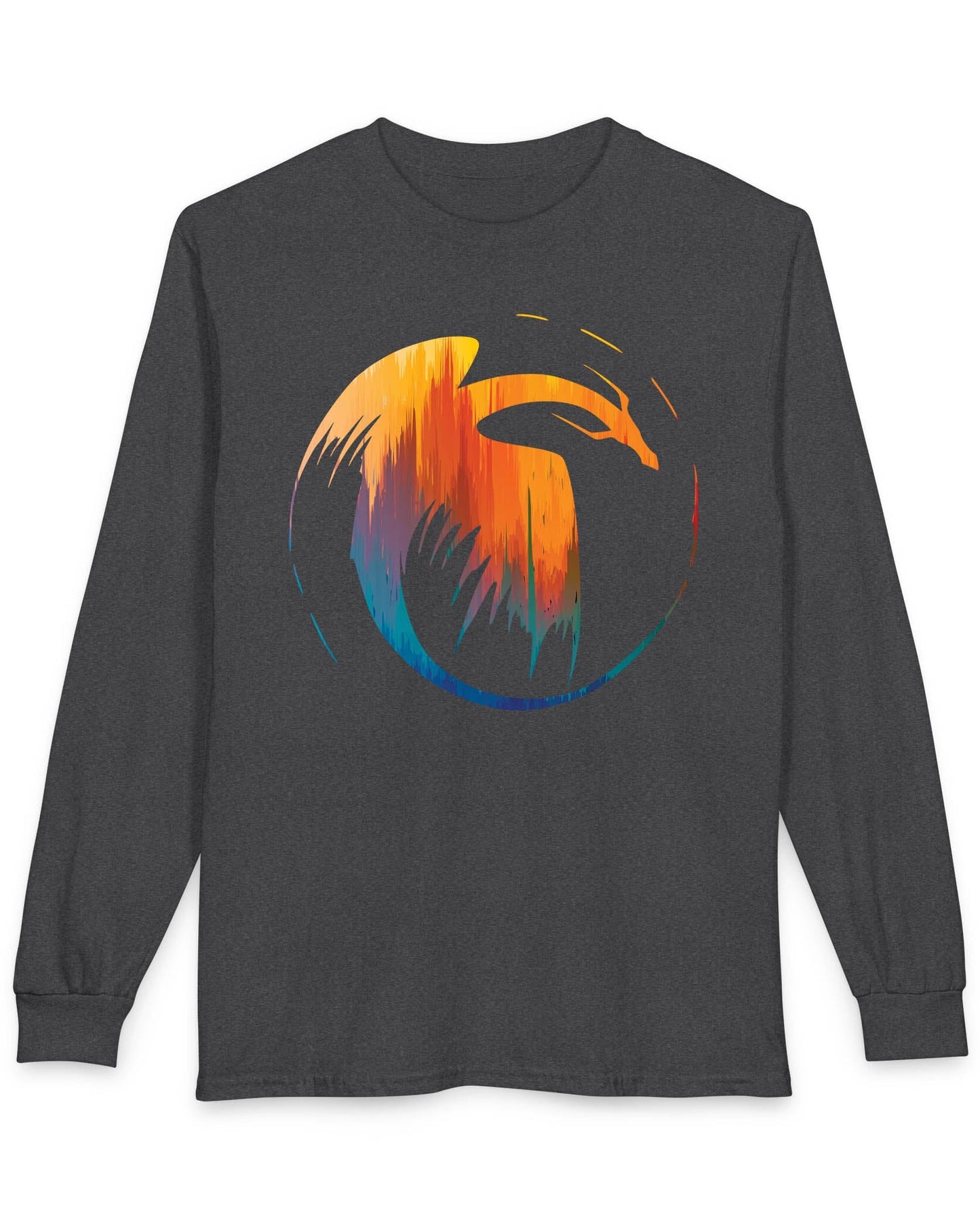 Dawn's Arc shirt in dark heather grey featuring a vibrant abstract dragon silhouette in warm sunset tones.