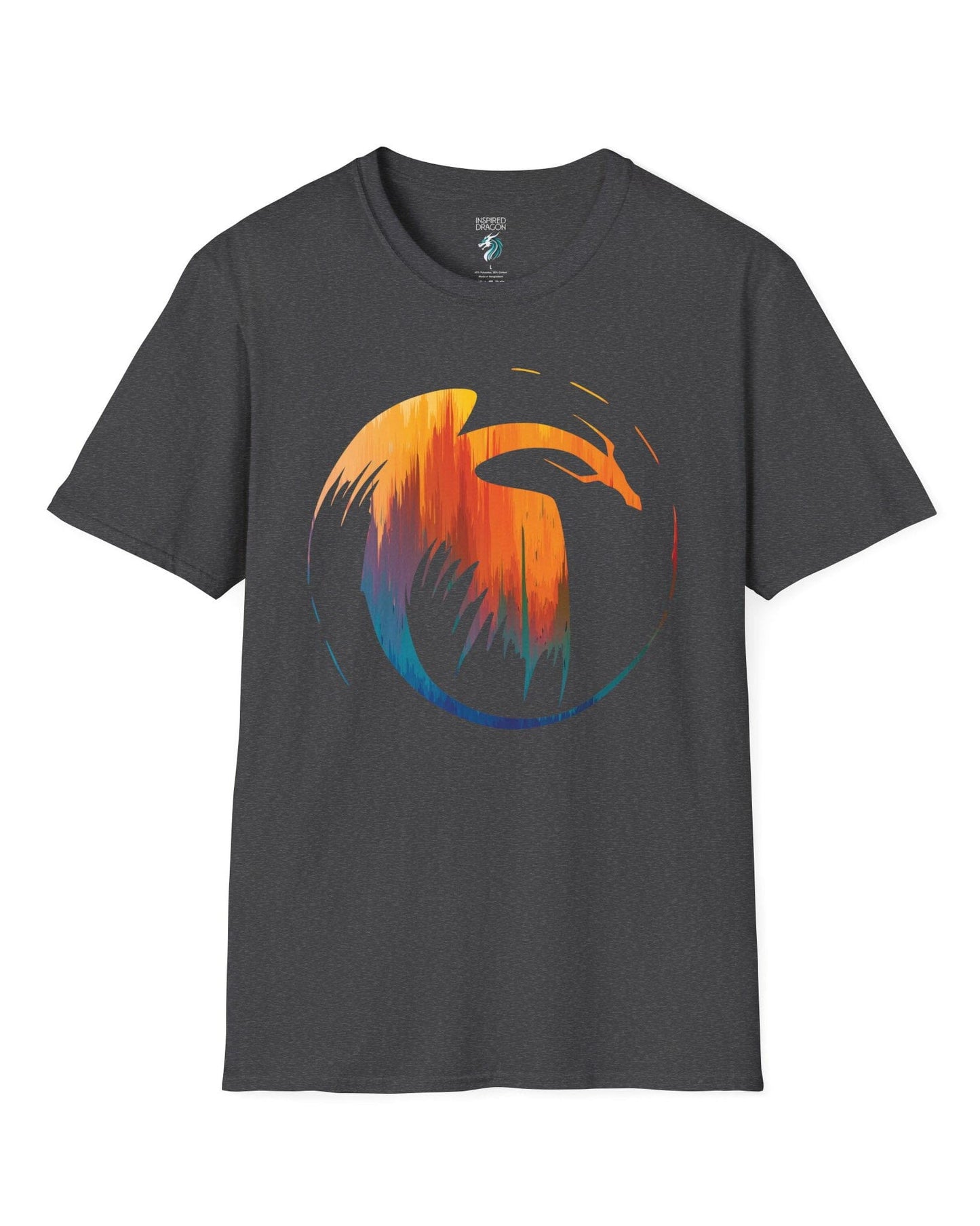 Dawn's Arc shirt in dark heather grey featuring a vibrant abstract dragon silhouette in warm sunset tones.