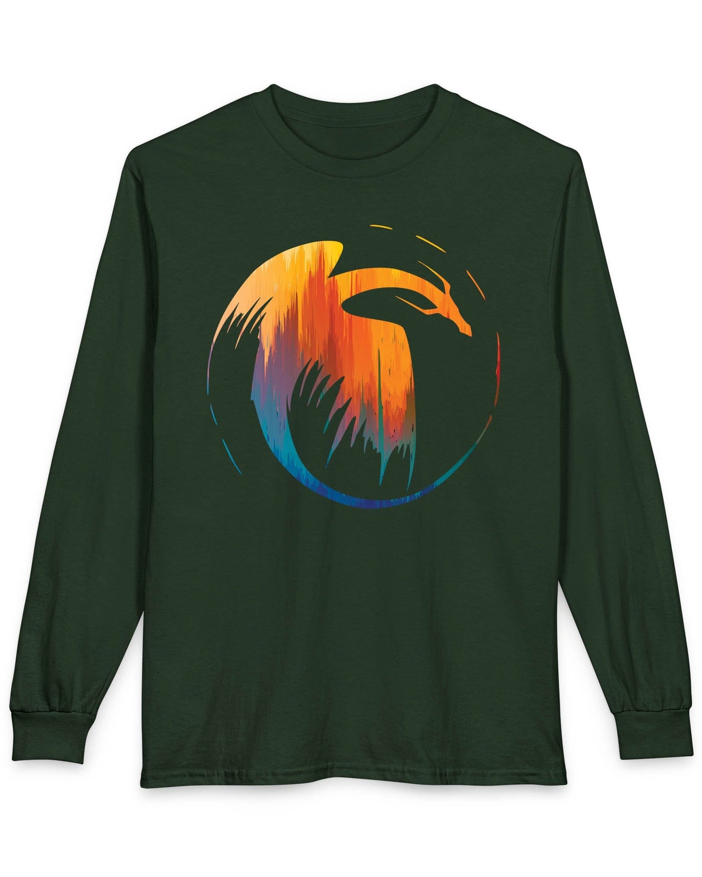 Dawn's Arc shirt in forest green featuring a vibrant abstract dragon silhouette in warm sunset tones.