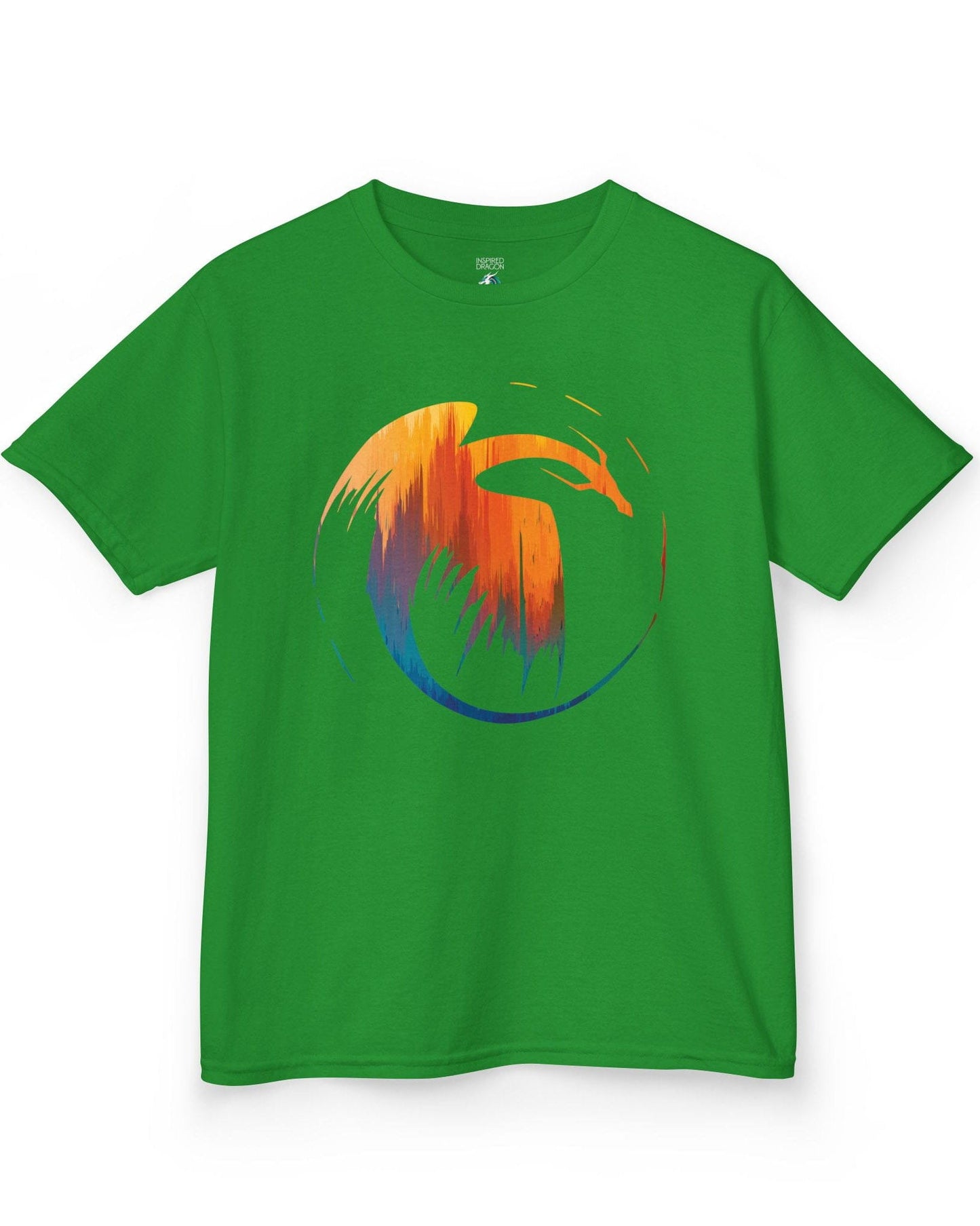Dawn's Arc shirt in Irish green featuring a vibrant abstract dragon silhouette in warm sunset tones.