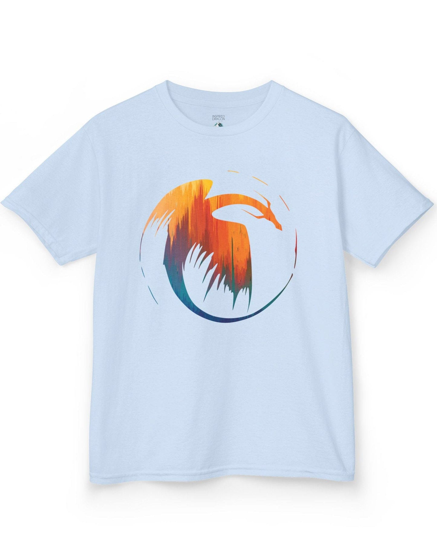 Dawn's Arc shirt in light blue featuring a vibrant abstract dragon silhouette in warm sunset tones.