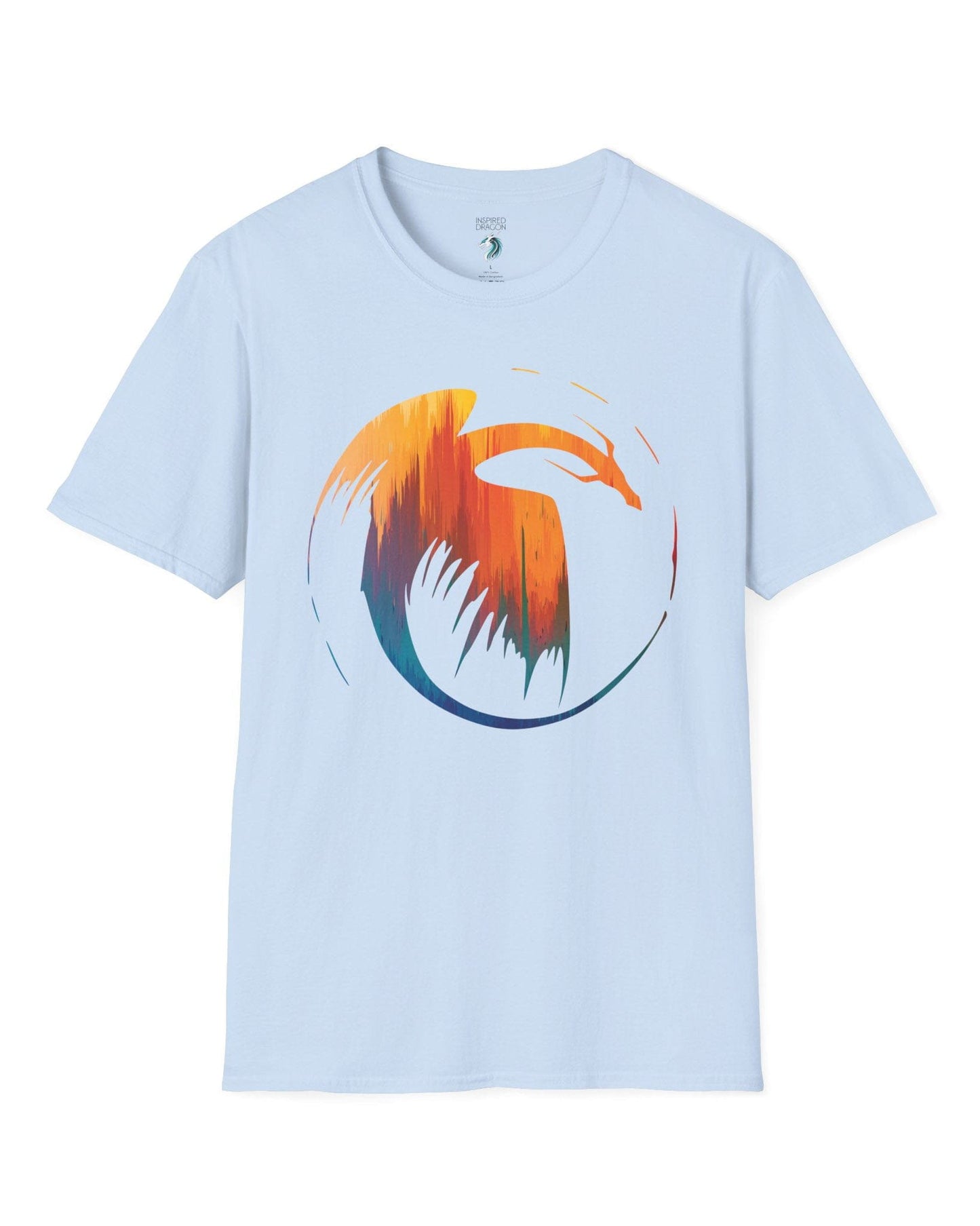 Dawn's Arc shirt in light blue featuring a vibrant abstract dragon silhouette in warm sunset tones.