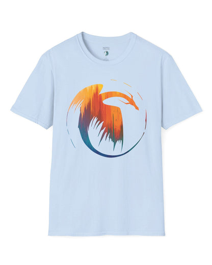 Dawn's Arc shirt in light blue featuring a vibrant abstract dragon silhouette in warm sunset tones.