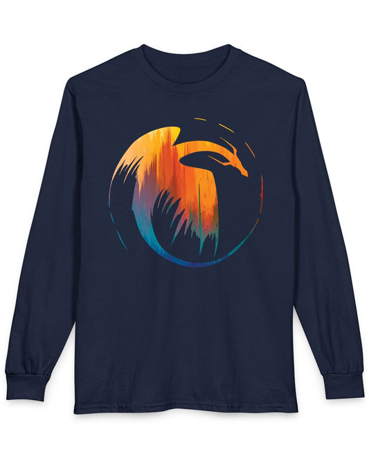 Dawn's Arc shirt in navy featuring a vibrant abstract dragon silhouette in warm sunset tones.